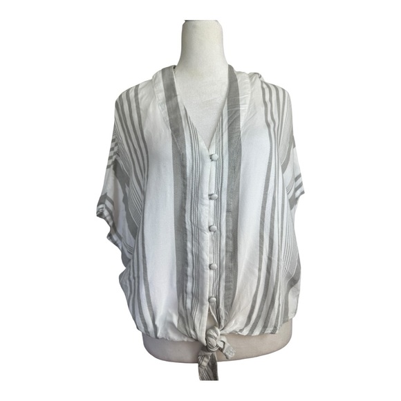 Sim & Sam Gray White Stripe Tie Front Blouse Small Rayon Linen Look Top - Picture 1 of 6